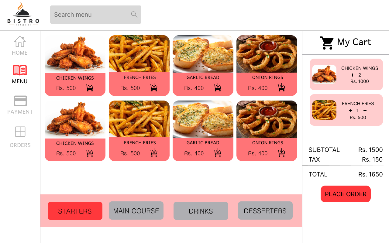 Restaurant kiosk ordering interface