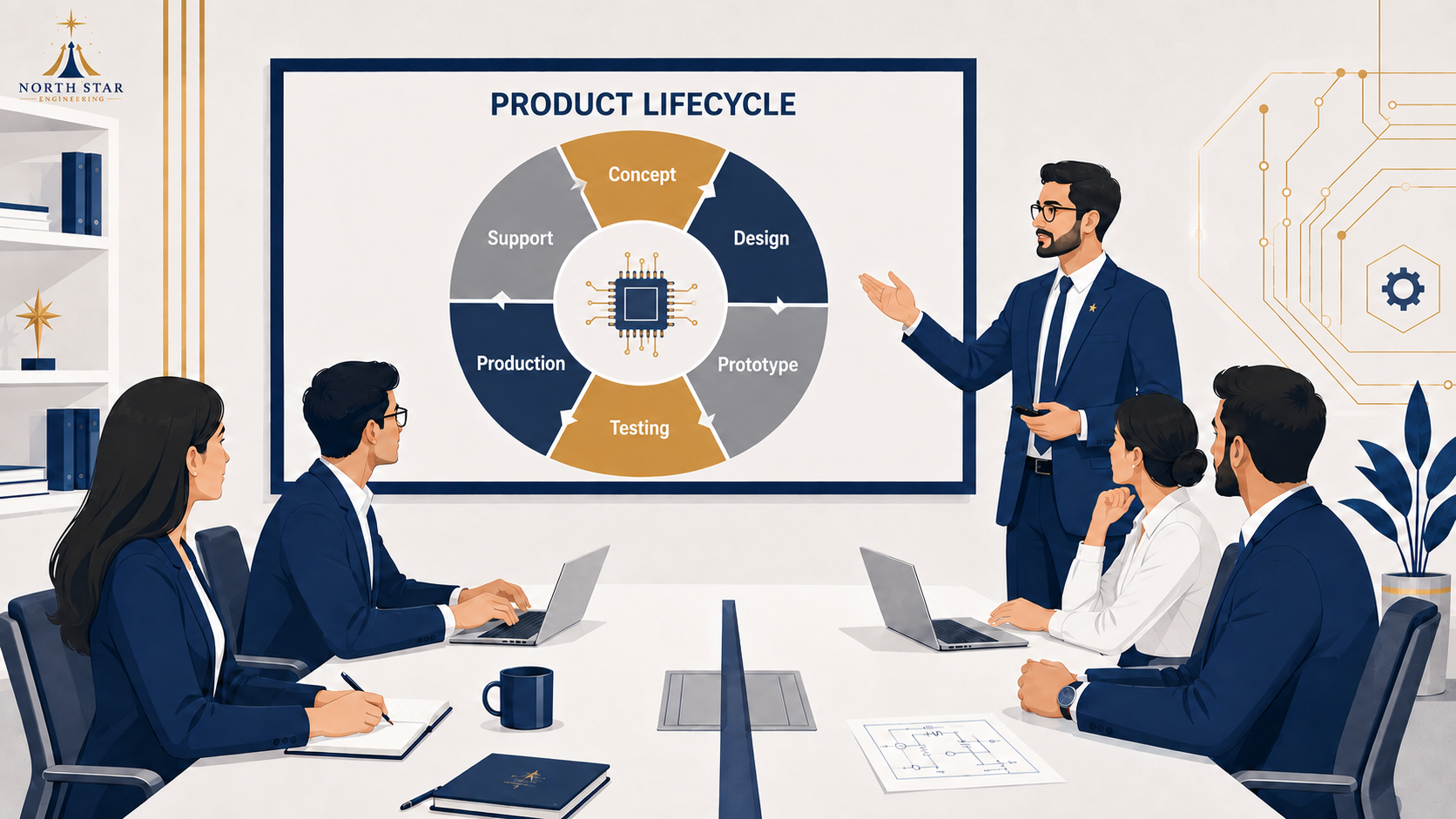 Northstar Engineering team reviewing the product lifecycle in a meeting